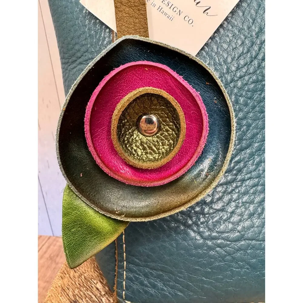 Genuine Leather Round Flower Purse Charm Blue Fuchsia Green Boho Bag Charm
